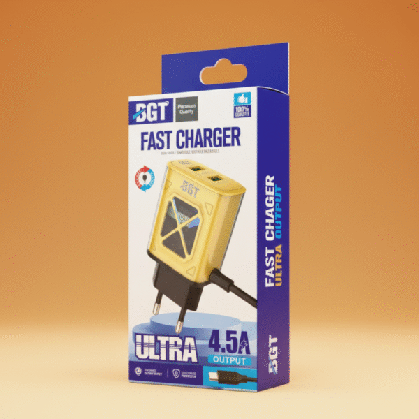 BGT Ultra 4.5A Fast Charger – Dual USB & Data Cable